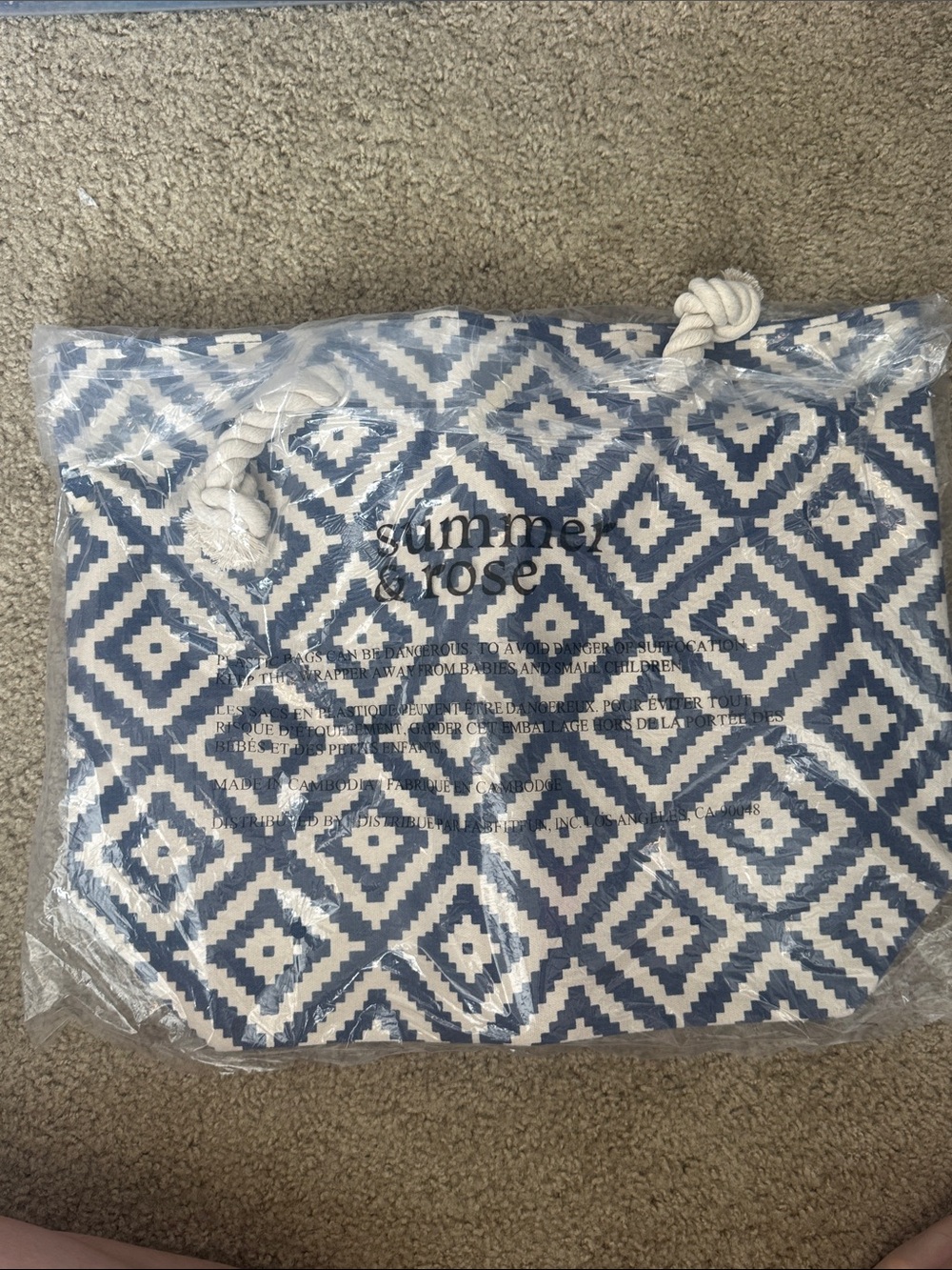 summer & rose Navy and White Diamond Rope Handle Tote